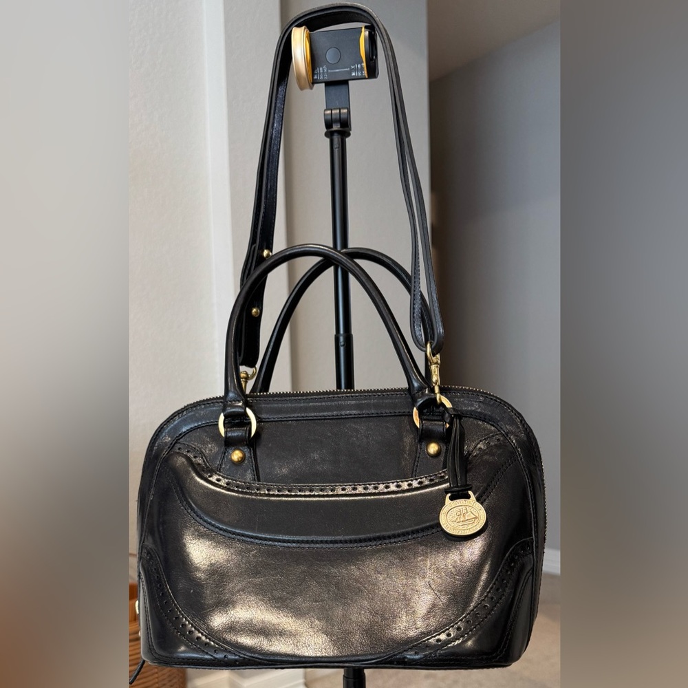 Brahmin Vintage Small Black Leather Satchel Bag with Perforated Details